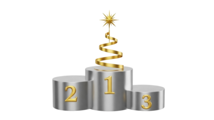 Silver winners podium with golden star and ribbon isolated PNG, competition success and achievement concept on transparent background