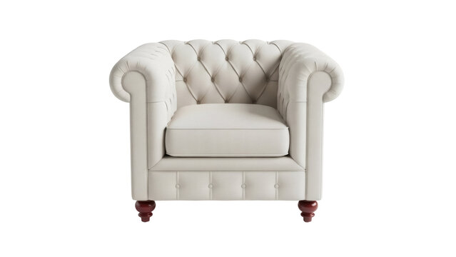 Elegant cream-colored Chesterfield armchair isolated PNG, classic tufted sofa with rolled arms for living room or lounge area on transparent background