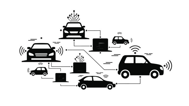 Connected cars network technology illustration with vehicles communicating wirelessly in smart city infrastructure