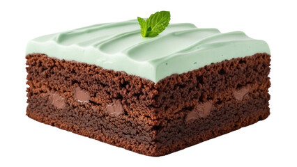 Mint chocolate brownie isolated PNG on transparent background, decadent dessert with frosting and mint leaf garnish for bakery concepts © Vasilis