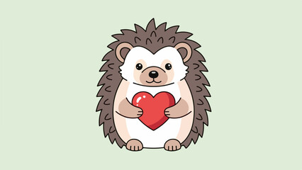 Cartoon hedgehog holding a red heart on a light beige background