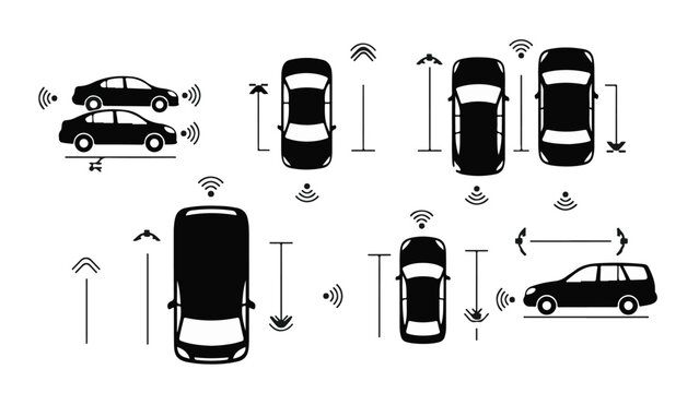 Vehicle sensor technology illustration with cars and arrows indicating parking assistance and autonomous driving features