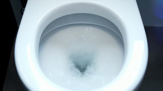 A clean white toilet bowl is flushed with water swirling down in a close-up top view shot