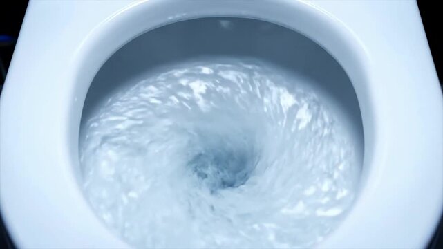 A close-up top-down view of a modern white toilet bowl as the water swirls and flushes away