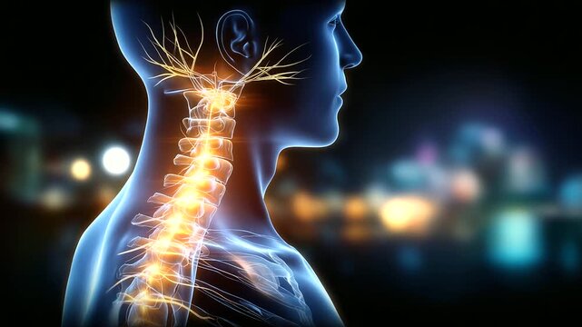 Side view of neck and upper spine in neon medical illustration with glowing vertebrae and nerve fibers, cervical spine anatomy, futuristic healthcare visualization, medical educati