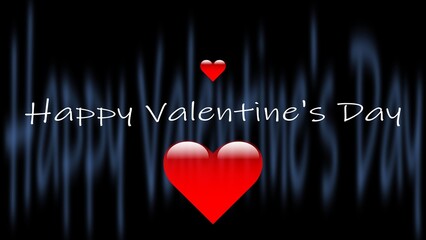 Happy Valentine's Day greeting with red glossy hearts on elegant black blurred curtain background