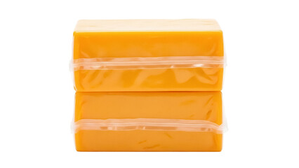 Two blocks of cheddar cheese isolated PNG, stacked and wrapped in plastic for freshness and preservation on transparent background © Vasilis