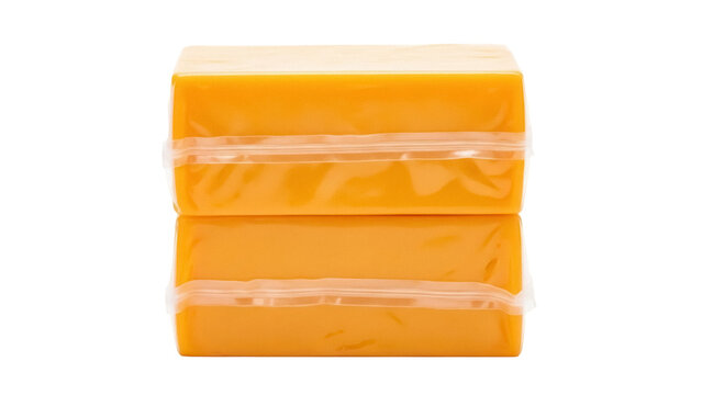 Two blocks of cheddar cheese isolated PNG, stacked and wrapped in plastic for freshness and preservation on transparent background