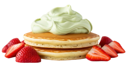 Stack of pancakes with green cream and strawberries isolated PNG, delicious breakfast dessert on transparent background