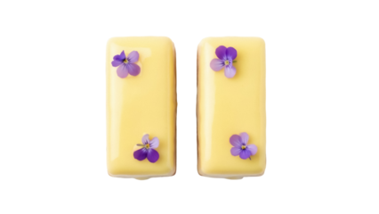 Two yellow petit fours isolated PNG on transparent background, decorated with purple edible flowers, elegant dessert for catering and special occasions
