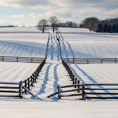 Snowy path through fenced fields