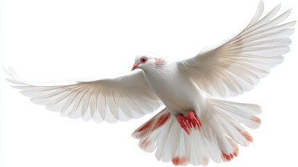 Fototapeta premium A white bird soars through the air with its wings fully open. The bird displays its feathers and bright feet while flying. This scene captures the motion and grace of the bird in the sky.