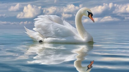 Obraz premium A swan moves gracefully across the water's surface. The reflection shows the beauty of clouds and blue sky. This scene takes place in a serene lake during daylight.