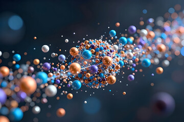 A 3D abstract graphic featuring a cluster of vibrant spherical particles in blue, copper, purple, and white. These spheres appear to be orbiting and gravitating toward a central molecular formation. 