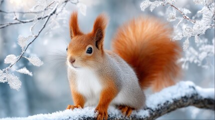 Red squirrel sitting on snow covered branch in winter