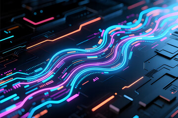 A futuristic 3D graphic showing flowing neon blue and pink energy lines moving across a sleek black circuit board. It represents high-speed data transmission, Artificial Intelligence (AI).