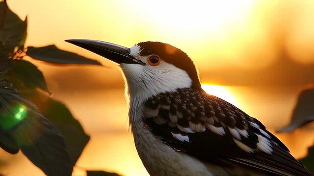 A striking bird perches among green leaves, illuminated by a warm sunset glow. This bird showcases vibrant feathers against the backdrop of the colorful sunset.
