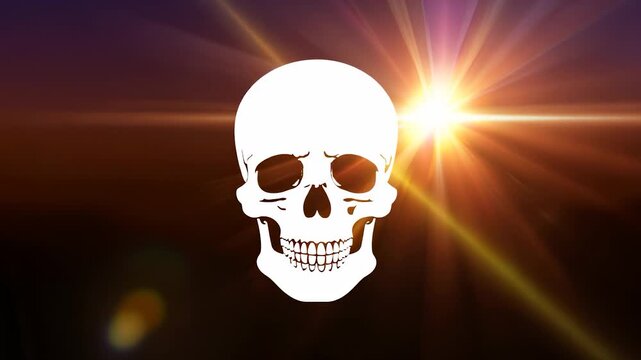 A striking skull silhouette is prominently displayed against a vibrant backdrop of light rays. This skull and the radiant light create a captivating visual contrast.