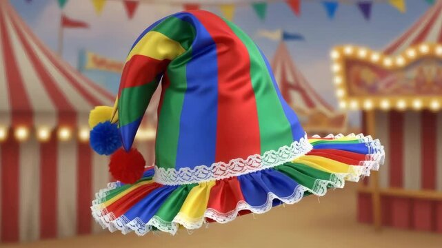 Rainbow jester headwear in playful style, vivid multitone palette, circus celebration decor
