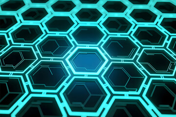 A dynamic 3D render featuring a glowing cyan hexagonal grid on a dark background. The intricate digital circuitry lines within each cell represent advanced technology, networking systems.
