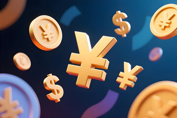 A high-quality 3D render featuring golden Yen (¥) and Dollar ($) currency symbols floating dynamically against a dark blue background. The image represents foreign exchange (Forex), global investment.