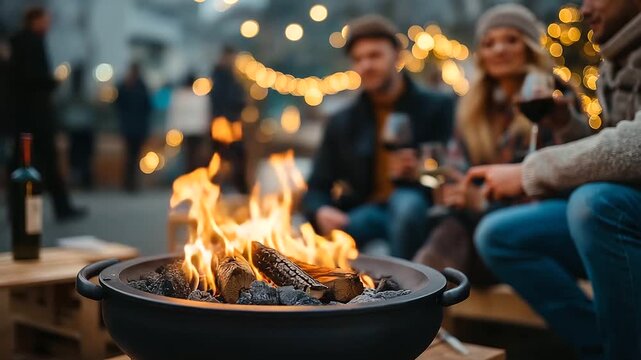 Warm flames dancing in fire pit while faceless friends enjoy cozy evening under soft bokeh lights in defocused background, social gathering atmosphere, with copy space