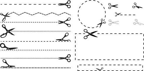 Obraz premium Scissors with cut line vector design. Dashed and dotted border for coupon or paper trimming. PNG