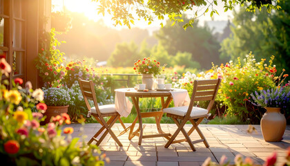 Sommerliche Gartenterrasse mit gedecktem Tisch im Abendlicht
