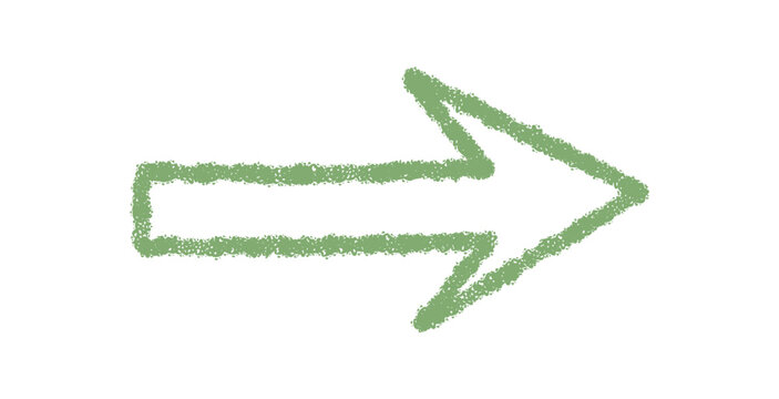 Hand drawn green crayon arrow icon with chalk sketch stroke. Pointer symbol in rough, handdrawn style as unique element. Simple chalk effect ideal for use as direction icon or navigation marker.
