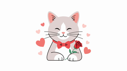 Light gray cat with white paws and chest patch wearing a red bow tie and holding a red rose on a background of red hearts