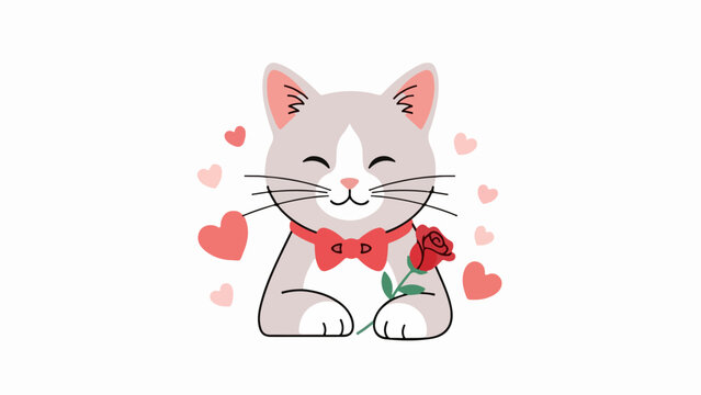 Light gray cat with white paws and chest patch wearing a red bow tie and holding a red rose on a background of red hearts