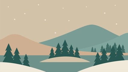 Minimalistic winter landscape with island on a lake in the mountains. Hand drawn vector illustration