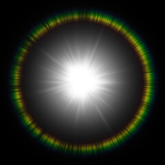 Radiant sunlight ring with rainbow lens flare on black background