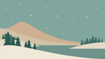 Minimalistic night winter landscape. Mountain river vector illustration