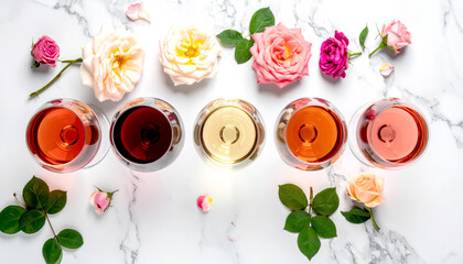 Verschiedene Weine in Weingl&auml;sern mit Rosen im Flatlay