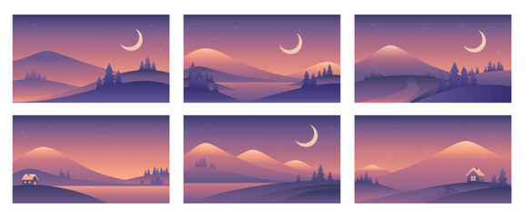 Minimalistic winter night landscape illustrations in Nordic style. Vector gradient images in purple colors