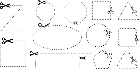 Scissor cutting lines in various dashed and dotted styles. Each line includes a small scissor icon for guidance, TRANSPARENT BACKGROUND