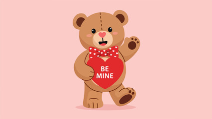 Obraz premium Teddy bear illustration holding a red heart with BE MINE text on a pink gradient background