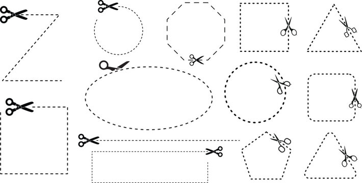 Scissor cutting lines in various dashed and dotted styles. Each line includes a small scissor icon for guidance, TRANSPARENT BACKGROUND