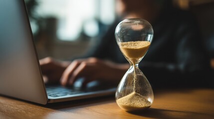 An hourglass sits on a desk next to a laptop. A person is working on the laptop focusing on tasks. The scene shows a work environment with productivity emphasis.
