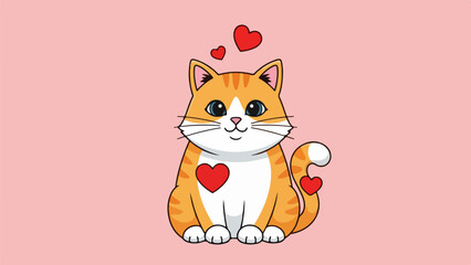 Obraz premium Seated orange tabby cat with white markings and red hearts on pink background