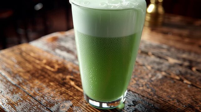 Glass of green beer with irish flag in background at pub