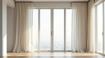 Elegant off white curtains in a contemporary living room. Minimalist interior design with soft daylight, neutral colors and refined textile decor for modern residential spaces