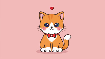 Obraz premium Playful cartoon orange cat with white patches, red bowtie, and floating heart on light pink background