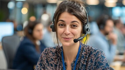 Smiling female customer service agent wearing a headset in a busy call center - Powered by Adobe