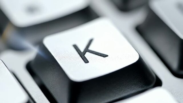 Close up shot of a single silver key with the letter K pressed down on a black keyboard