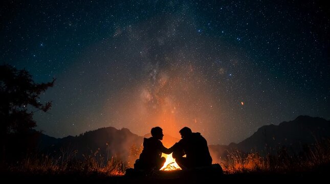 Two people silhouetted by campfire under starry night sky and milky way