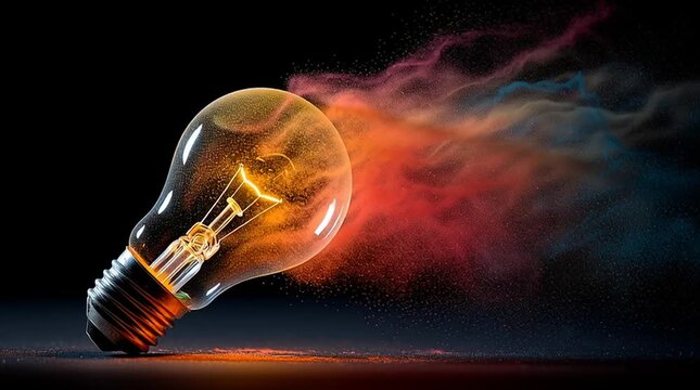 Glowing light bulb exploding with colorful powder on dark background