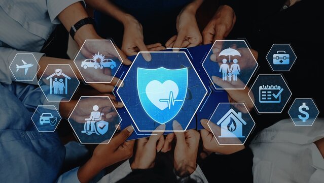 Hands gathered around a digital interface showcasing health insurance icons and financial symbols, emphasizing the importance of health security and community support. Raster - Powered by Adobe