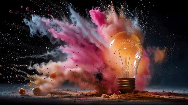 Illuminated light bulb exploding with colorful powder smoke on dark background